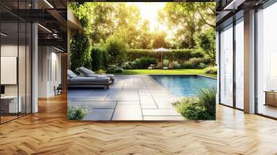 Beautiful green backyard with a swimming pool. Dream home Wall mural