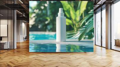 Beauty bottle mockup by the swimming pool on a beautiful sunny day Wall mural