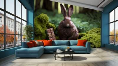 Brown Easter bunny  in a mossy forest. Chocolate bar and eggs on the ground. fantasy, fairytale, holiday card background wallpaper. banner with space for design.  Generative ai Wall mural