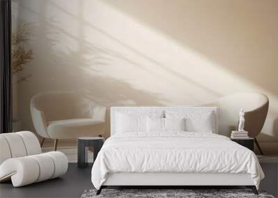 Comfortable and modern armchairs on a light beige living room and sun reflection Wall mural