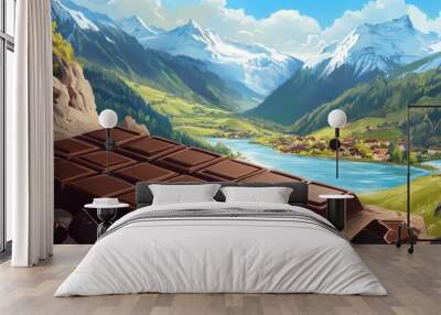 Swiss chocolate illustration with a beautiful background landscape in Switzerland Wall mural