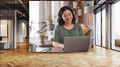 Consulting, remote work and woman with laptop for call center communication and consultation. Smile, advice and young female customer service agent typing on a computer from a house for telemarketing Wall mural