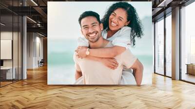 Love, happy and piggyback with couple on beach for travel, summer and vacation. Peace, smile and relax with portrait of man and woman hugging on date for seaside holiday, care and mockup space Wall mural