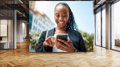 Phone, walking and a business black woman in the city, searching for directions or typing a message. Mobile, smile and gps with a young female employee looking for a location on a navigation app Wall mural