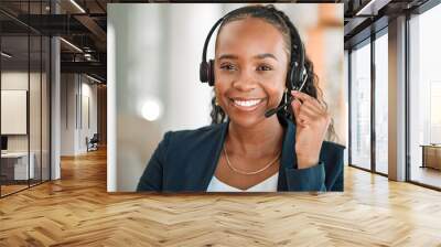 Portrait, telemarketing or black woman with headphones, call center or internet connection with telecom sales. Female person, face and agent with customer service, ecommerce and crm with tech support Wall mural