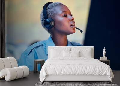 Security dispatch, communication headset and black woman talking, speaking and check surveillance system. Conversation, support consultation and helping African person chat about crime safety service Wall mural