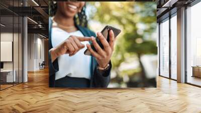 Typing, hand and a woman with phone in city for communication, social media and an email. Smile, contact and an employee with a search, chat or reading a notification on a mobile app with mockup Wall mural