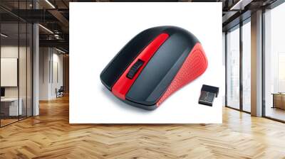 computer mouse wireless with receiver USB isolated on white background, black and red, plastic, gaming Wall mural