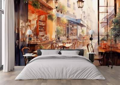 Interior of a city street cafe in the morning without visitors watercolor illustration Wall mural