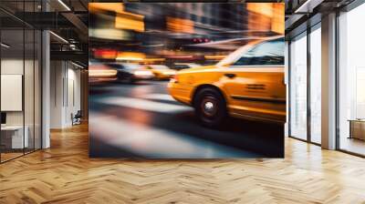 taxi car in motion in city traffic, motion blur, selective focus, urban transport, close Wall mural