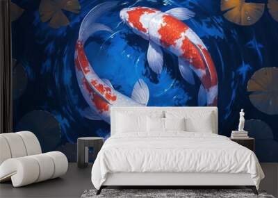 2 Koi Carp fishes swimming in a circle in a crystal clear pond. Japanese style. Tattoo color Sketch Wall mural