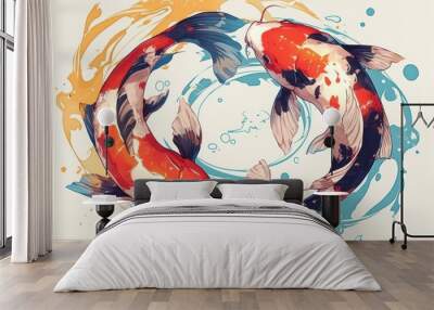 2 Koi Carp fishes swimming in a circle in a crystal clear pond. Japanese style. Tattoo color Sketch Wall mural