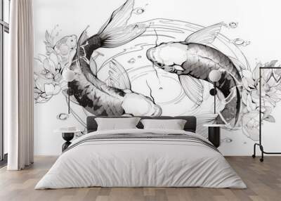 2 Koi Carp fishes swimming in a circle in a crystal clear pond. Japanese style. Tattoo color Sketch Wall mural