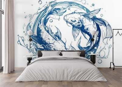 2 Koi Carp fishes swimming in a circle in a crystal clear pond. Japanese style. Tattoo color Sketch Wall mural