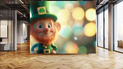 A charming 3D leprechaun in a green top hat stands amidst a soft bokeh background, evoking a whimsical St. Patrick's Day atmosphere Wall mural