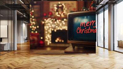 A nostalgic 90s television displays festive cheer with merry christmas in a cozy, decorated living room during the holiday season Wall mural