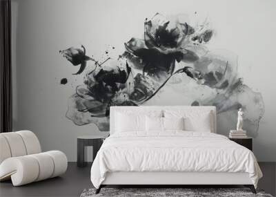 Abstract black rose with smoke effect. White background. Japanese ink painting style Wall mural