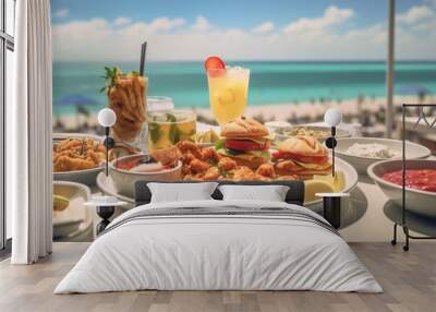 American fast food on the background of the beach. Food photography. American cuisine concept Wall mural