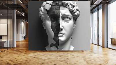 Ancient Greek broken head statue with face half obscured. Isolated background. Contemporary art Wall mural