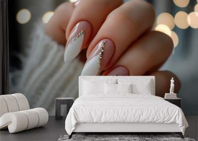 Beautiful painted nails close-up. Fashionable nail extensions with French design Wall mural