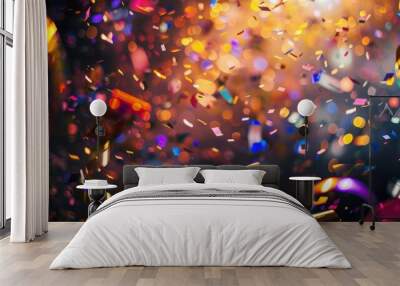 Close-up of colorful confetti at a disco. In dim warm and colorful light Wall mural