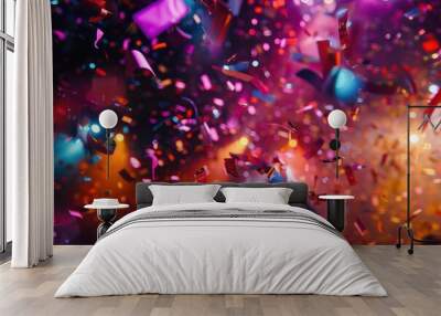 Close-up of colorful confetti at a disco. In dim warm and colorful light Wall mural