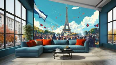 Crowd of supporters at the Eiffel tower in Paris France, illustration for Olympic games in summer 2024 Wall mural