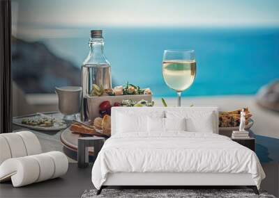 Dinner of Greek cuisine against the backdrop of the sparkling blue Aegean Sea. Food photography Wall mural