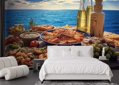 Dinner of Greek cuisine against the backdrop of the sparkling blue Aegean Sea. Food photography Wall mural