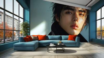 Korean man with tousled hair and soft lighting creates a captivating portrait indoors during late afternoon Wall mural