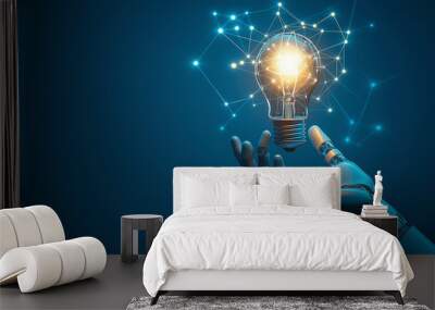 Robot hand holds a glowing light bulb representing innovation and technology on a blue background with a network effect Wall mural