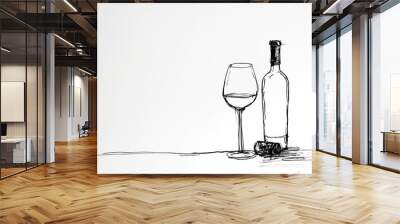 Simple line drawing of a glass of wine and a bottle of wine. Wine aesthetics. Isolated white background Wall mural