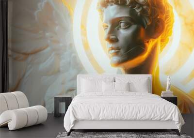 Surreal 3D illustration of a marble ancient Greek statue with a halo behind in white and gold color. Contemporary art in digital format Wall mural