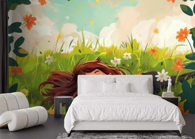 The girl lies on a beautiful meadow, the sun is shining. Cartoon style illustration Wall mural