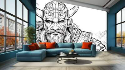 Viking, Scandinavian culture, colorless, line art, bold black outline. Tattoo sketch Wall mural