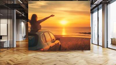 woman by car watching sunset on summer vacation or holiday in Italy,  Travel, beach and back of person by sea Wall mural