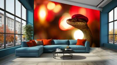 Wooden snake against the background of traditional Chinese lanterns. Year of the Wooden Snake. Chinese New Year 2025 Wall mural