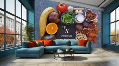 Food rich in potassium with the symbol K and atomic number 19. Natural products containing minerals, dietary fibers, vitamins. Potassium high food. Healthy sources of potassium, healthy diet food. Wall mural