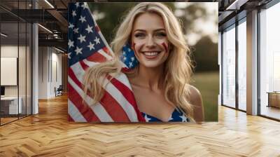 Young blonde woman face portrait with the USA flag make up celebrating Independence Day  Wall mural