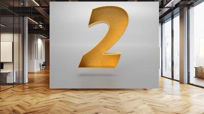 3d rendering of the number 2 in gold metal on a white isolated background Wall mural