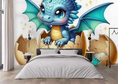 Illustration of a tiny baby dragon with blue scales hatching from a golden egg, surrounded by broken eggshell pieces, generative AI Wall mural