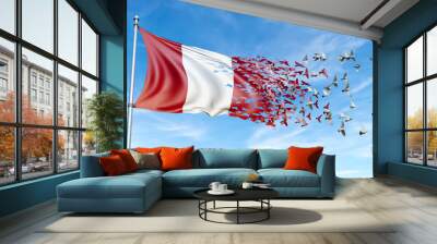 Peru flag on a pole turn to birds while waving against a blue sky background - 3D illustration. Wall mural