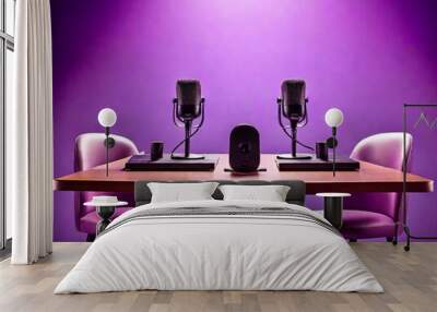 Podcast table with two chairs and a microphone Wall mural