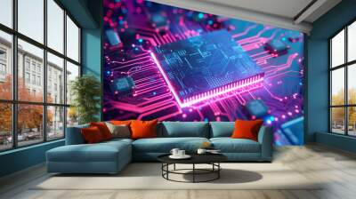 a closeup of an advanced microchip glowing with vibrant blue and pink lights on the circuit board ba Wall mural