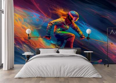 A female skier wearing colorful is moving at full speed, with colored flames behind her and a dark background Wall mural