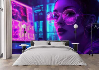 A neon painting of a girl with glasses on a desk, in neon lights, glowing light effects Wall mural