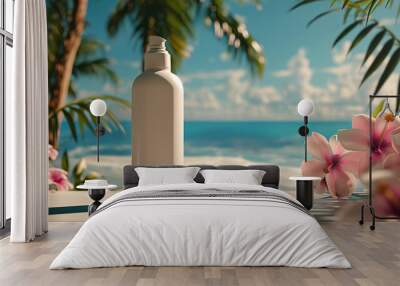 A promo shot with a bottle of perfume massage oil, flowers, ocean background Wall mural