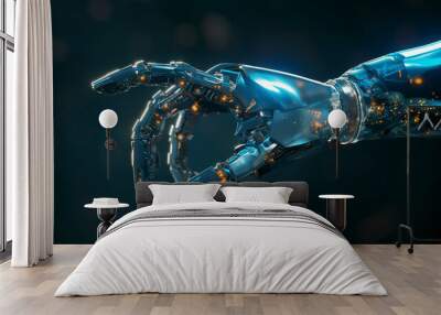 A robotic hand made of blue and silver metal, reaching out with its fingers open to the right side against a dark background Wall mural