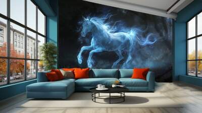 A transparent glowing white horse with blue light is running in the dark forest, with smoke swirling around its body and an ethereal aura Wall mural