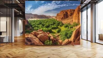 Panoramic photo of an incredible vista in the Sahara desert, with towering red rock formations and lush green vegetation below, captured from inside one of these rocky canyons Wall mural